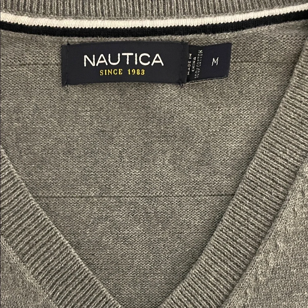 Men's Nautica Sweater Vest 100% Cotton Gray w Horizontal Textured Ribs Size M